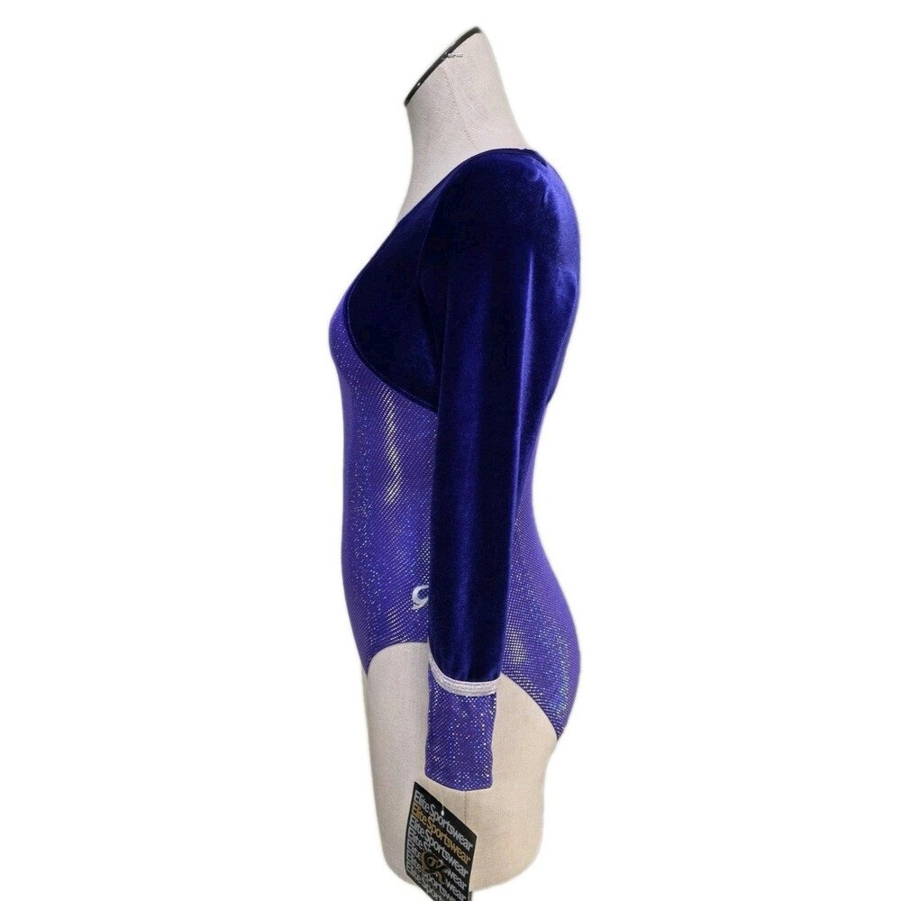 GK Elite VTG Royal Pixelated LS Velvet Sleeves Leotard Blue Violet AS Adult S - Picture 4 of 16
